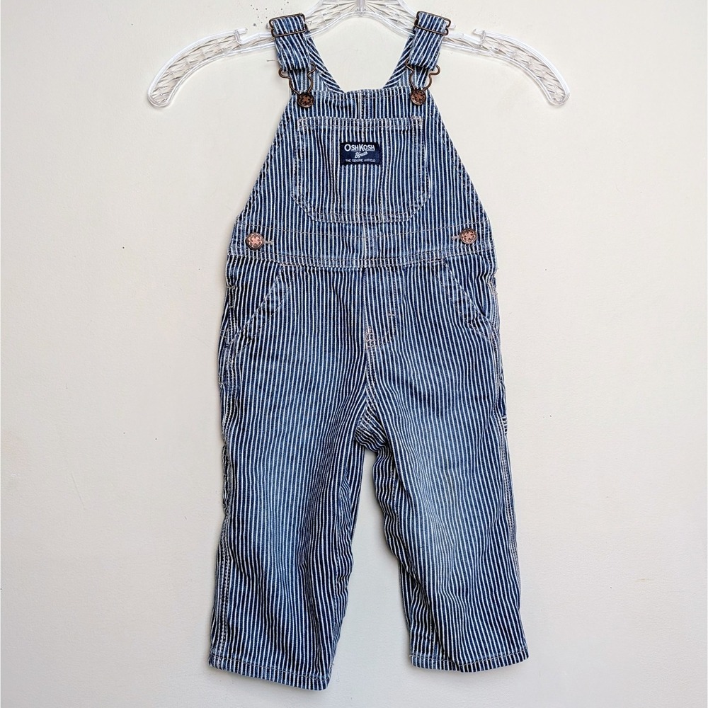 OshKosh B'Gosh Hickory Striped Train Conductor Vestbak Denim Overalls 18 Months
